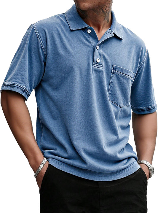 Men's Stylish Retro Pure Cotton Distressed Fabric Pocket Lapel Polo Shirt