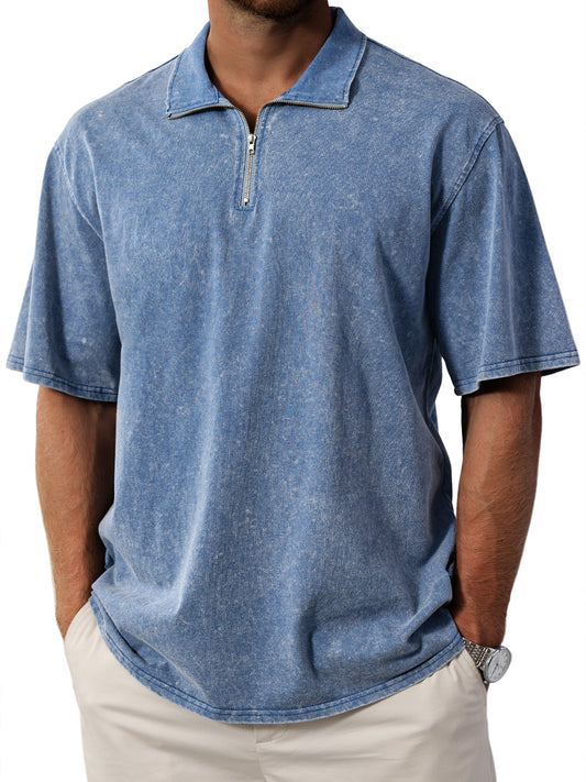 Men's Retro Stand Collar Zipper Solid Color Short Sleeve T-Shirt