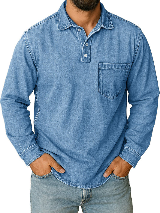 Men's Stylish Vintage Distressed Pocket Lapel Long-sleeved Polo Shirt