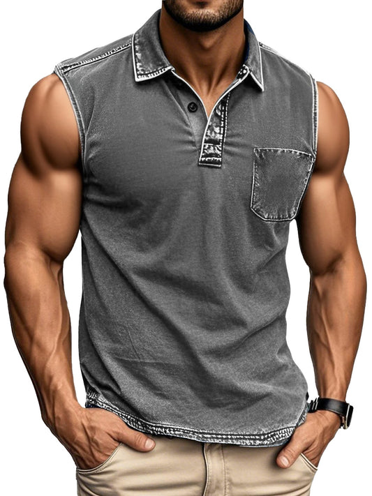 Men's Fashion Daily Distressed Fabric Pocket Sleeveless Polo Shirt