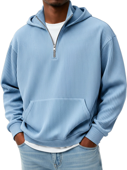 Men's Pit Stripe Stand Collar Zipper Casual Loose Hooded Sweatshir