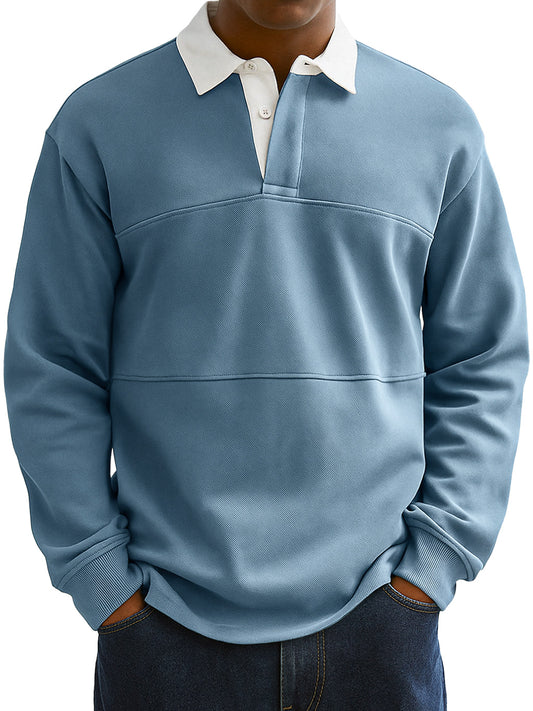 Men's Fashionable Everyday Colorblock Lapel Button Loose Casual Long-sleeved Polo Shirt