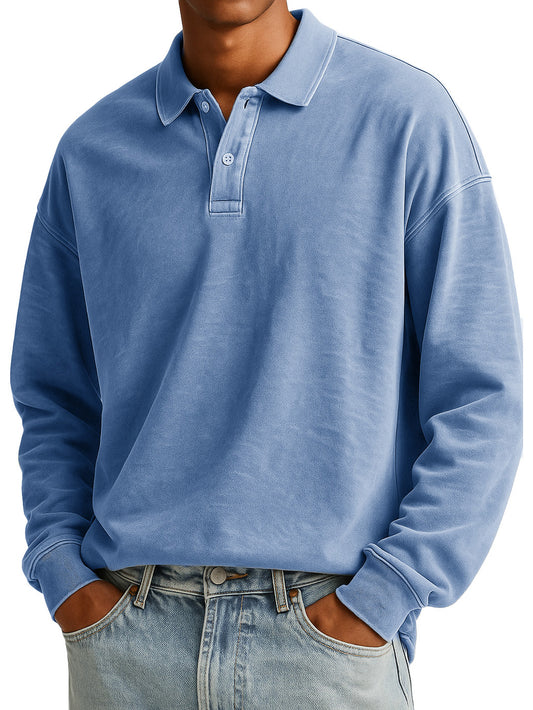 Men's Stylish Casual Padded Lapel Button-stitched Ribbed Long-sleeved Polo Shirt