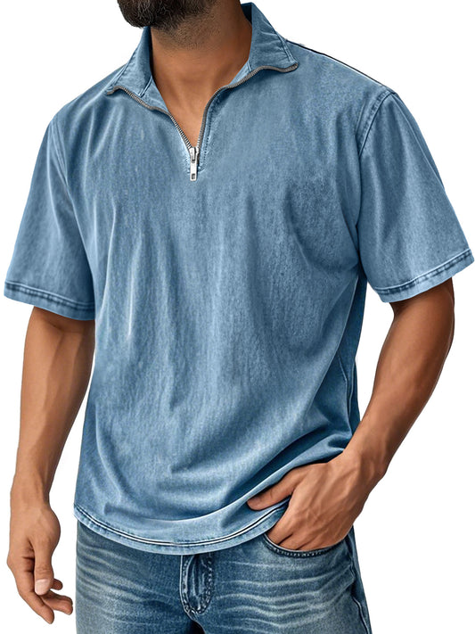 Men's Retro Stand Collar Zipper Casual Solid Color Short Sleeve T-shirt