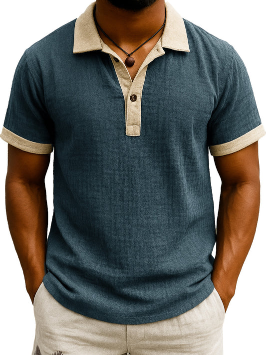 Men's Fashion Retro Hemp Fabric Patchwork Contrast Color Short-sleeved Polo Shirt
