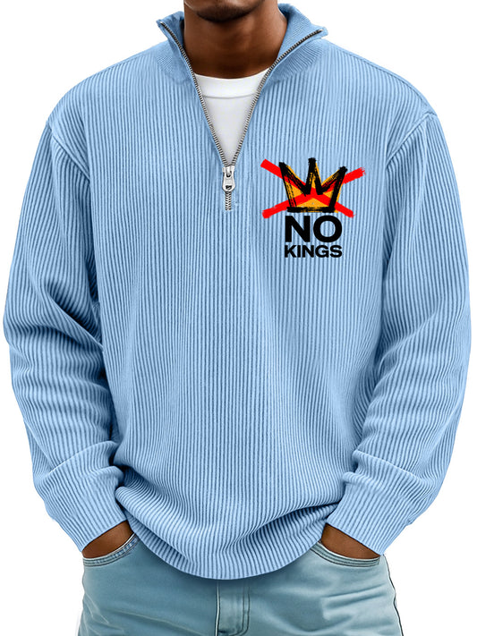 Men's Simple Ribbed No Kings Stand-up Collar Zipper Long-sleeved T-shirt