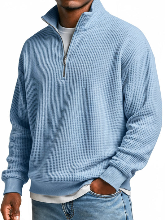 Men's Everyday Waffle Stand Collar Zipper Casual Long Sleeve T-shirt