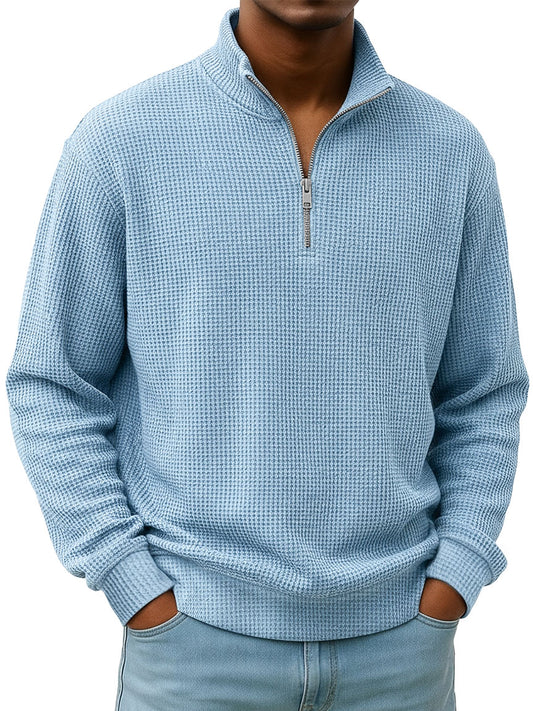 Simple Everyday Waffle Stand-up Collar Zipper Casual Long-sleeved T-shirt