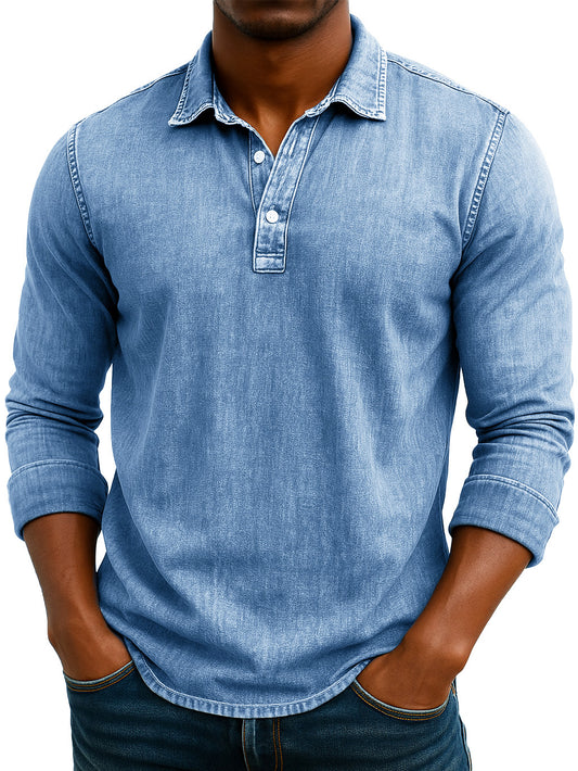 Men's Stylish Retro Washed And Distressed Lapel Long-sleeved Polo Shirt