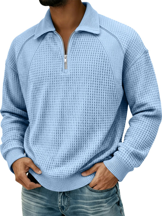 Men's Waffle Lapel Zipper Design Split Stitching Polo Shirt