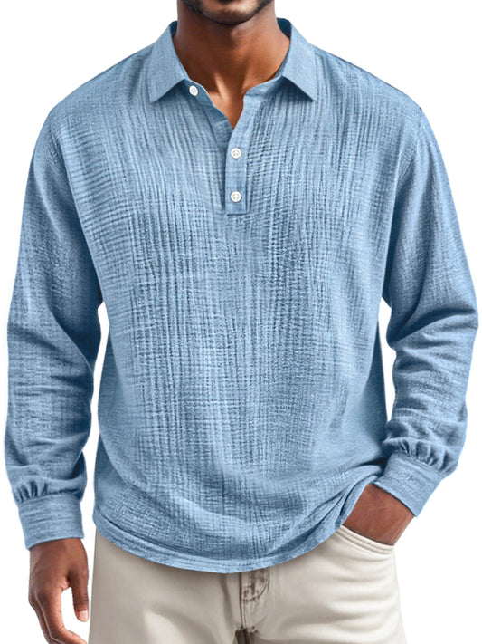 Men's Everyday Pleated Lapel Button-down Casual Long-sleeved Polo Shirt