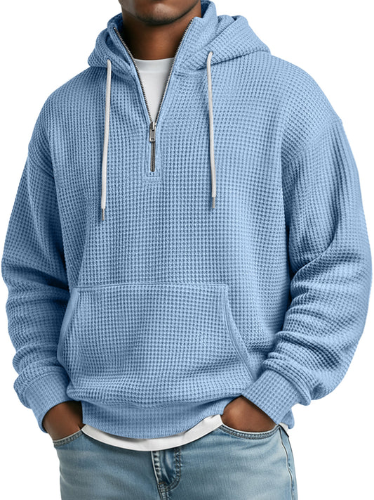 Men's Daily Waffle Stand Collar Zipper Casual Loose Hooded Sweatshirt