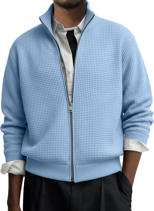 Men's Casual Solid Waffle Zip-up Long Sleeved Jacket