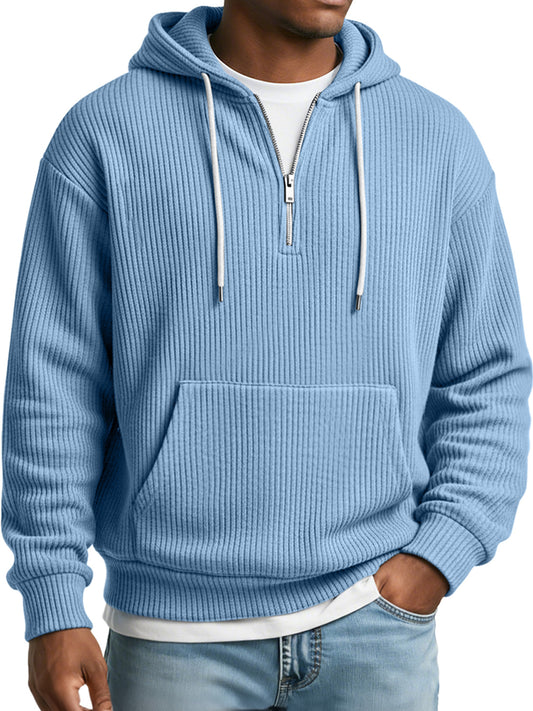 Men's Simple Ribbed Textured Hooded Zippered Casual Loose Sweatshirt