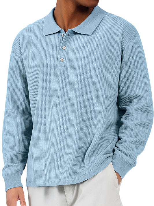Men's Everyday Waffle Lapel Button-down Loose Casual Long-sleeved Polo Shirt
