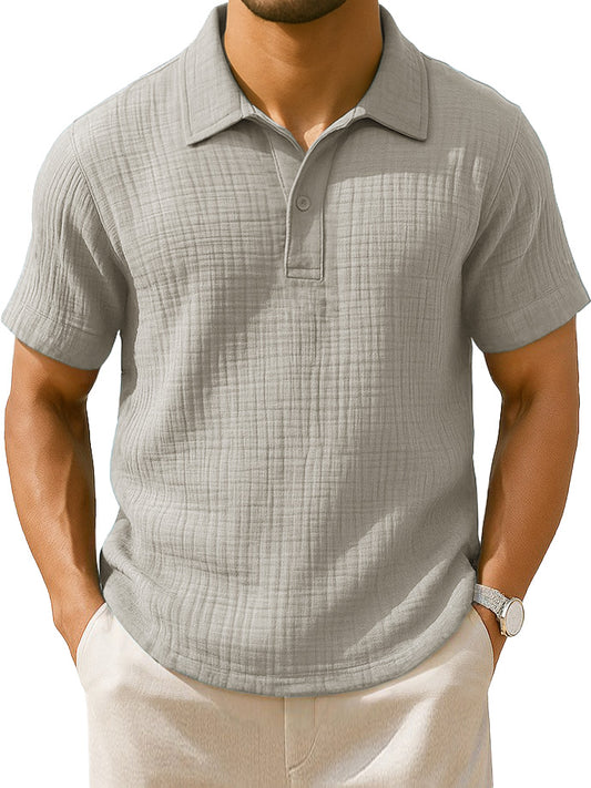Men's Clothing Fashionable Casual Jacquard Pleated Fabric Lapel Short-sleeved Loose Polo Shirt