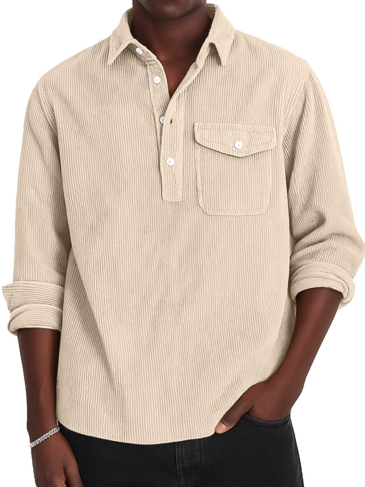 Men's Simple Solid Color Corduroy Lapel Long-sleeved Polo Shirt