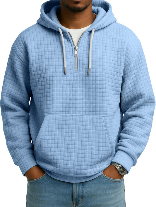 Men's Vintage Casual Solid Color Waffle Quarter Zip Pocket Hooded Sweatshirt