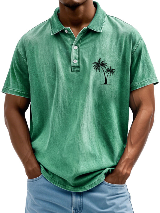 Men's Retro Lapel Coconut Tree Printed Casual Short Sleeve POLO Shirt