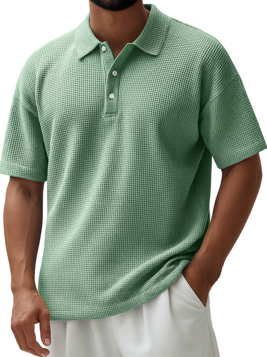 Men's Everyday Waffle Lapel Button Down Casual Short Sleeve Polo Shirt