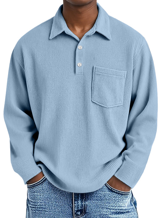 Men's Simple Solid Color Vertical Pit Long Sleeve Polo Shirt With Pocket