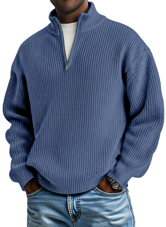 Men's casual plain knitted loose zip-up stand-up collar pullover sweater