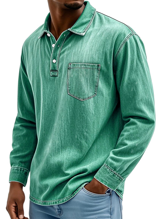 Men's Vintage Cotton Washed Lapel Button Casual Long Sleeve Polo Shirt