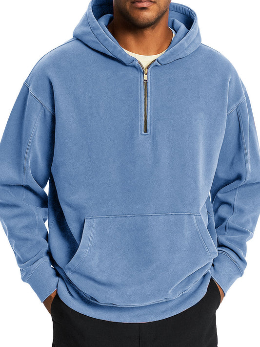 Men's Stylish Retro Distressed Half-zip Pocket Hooded Sweatshirt