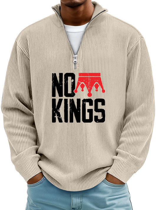 Men's Simple No Kings Ribbed Stand-up Collar Zipper Casual Long-sleeved T-shirt