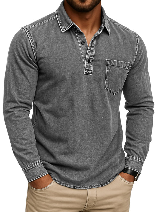 Men's Stylish Retro Outdoor Distressed Pocket Stand Collar Long-sleeved Polo Shirt