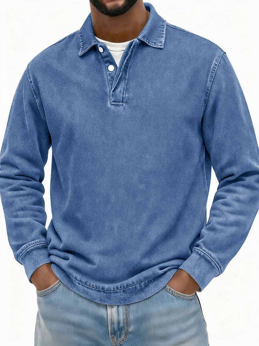 Men's Stylish Vintage Washed And Distressed Fabric Long-sleeved Polo Shirt With A Double-layer Placket And A Design Lapel