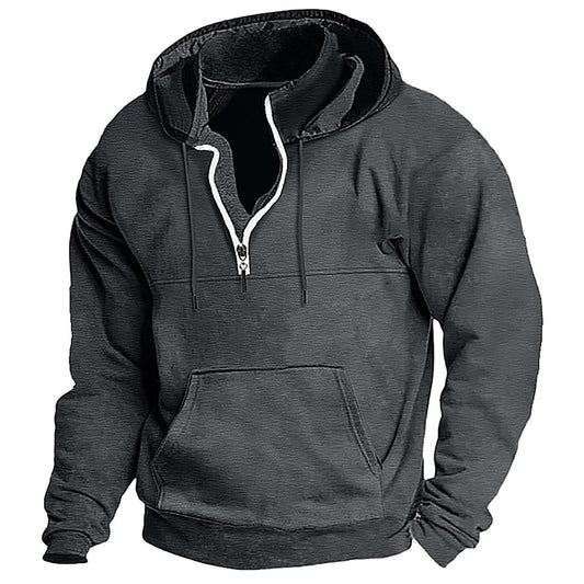 Men's Washed Distressed Cotton Quarter-Zip Casual Tactical Hoodie