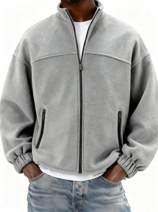 Men's Fleece Full Zip Stand Collar Jacket with Side Pockets