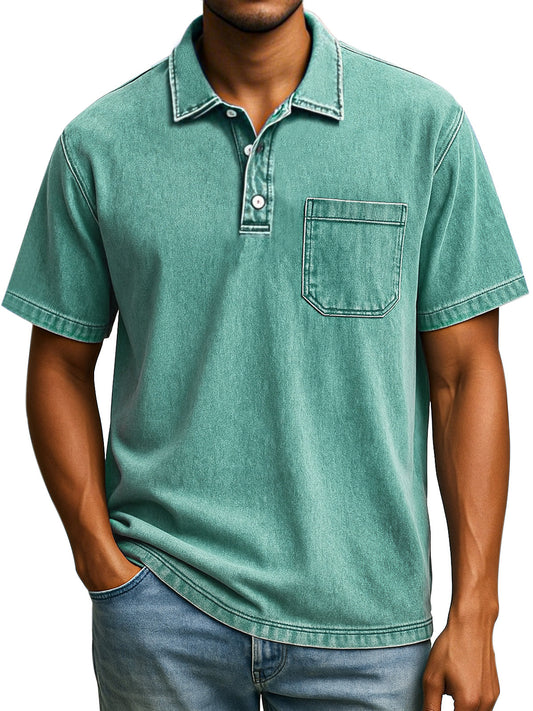 Men's Retro Solid Color Comfortable Loose Lapel Button Short Sleeve Polo Shirt