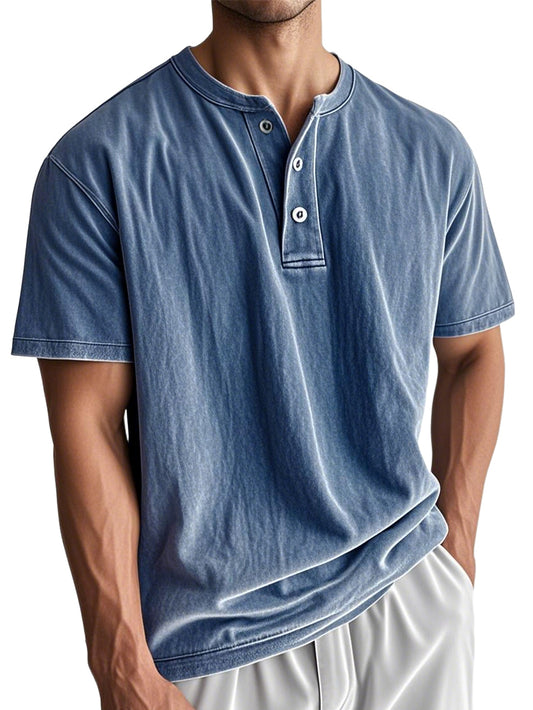 Men's Washed And Distressed Cotton Vintage Henley Collar Short-sleeved T-shirt