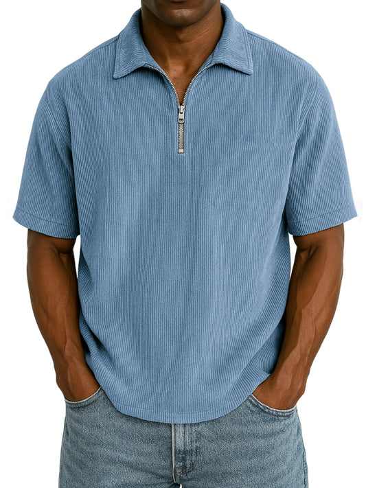Men's Stylish Rib Corduroy Quarter-Zip Casual Short Sleeve POLO Shirt