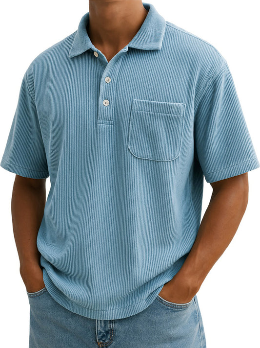 Men's Vintage Corduroy Vertical Striped Button POLO Shirt With Chest Pocket