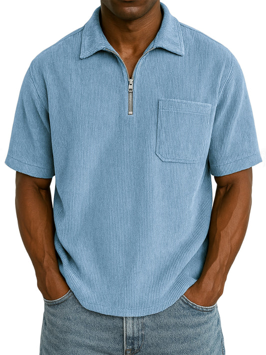 Men's Stylish Ribbed Pit Corduroy Quarter-Zip Casual Short Sleeve POLO Shirt