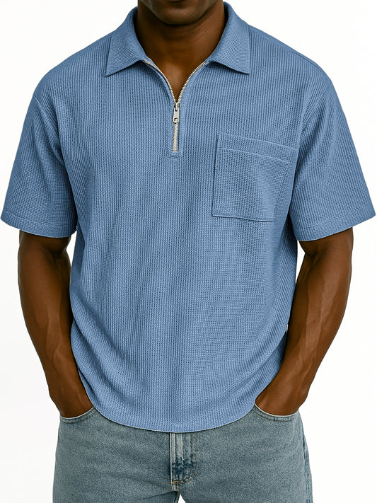 Men's Comfort Waffle Quarter Zip Fashion Casual POLO Shirt with Chest Pocket