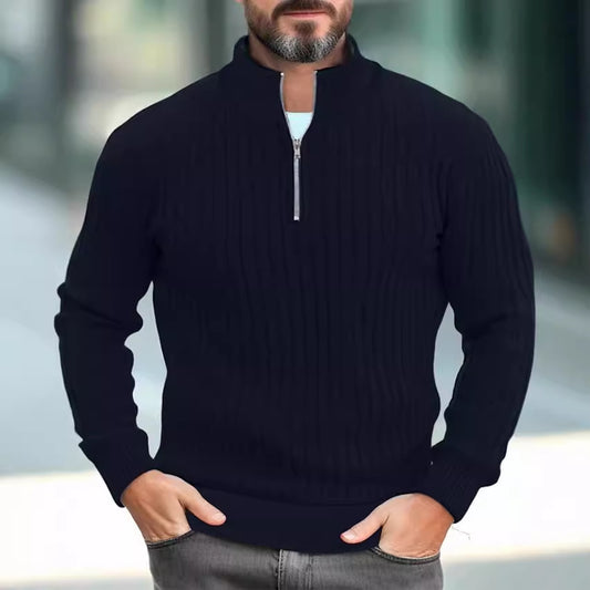 Men's Solid Color Stand Collar Knitted Pullover Sweater