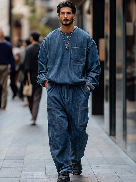 Vintage-Inspired Denim Cargo 2-Piece Set