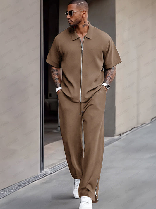 Simple Refined Zipper Design Shirt Set