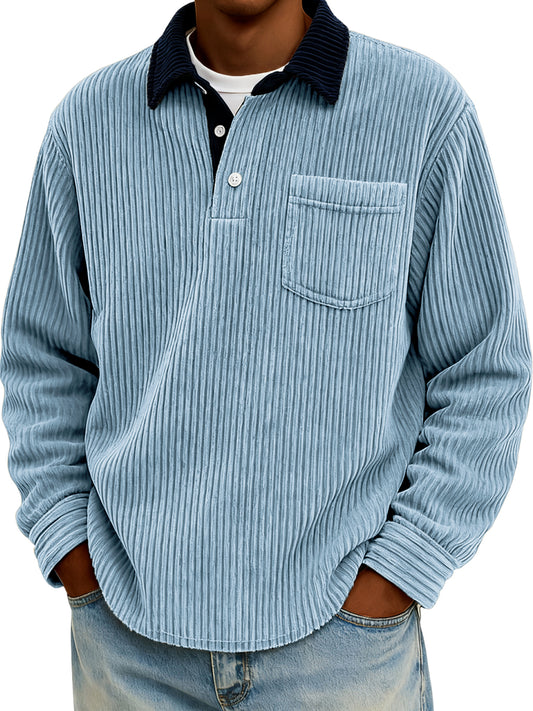 Men's Stylish Corduroy Color-Block Polo Shirt Pullover with Chest Pocket