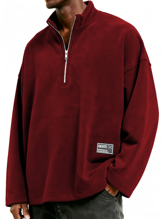 Men's Half-Zip Polar Fleece Stand Collar Embroidered Label Sweatshirt