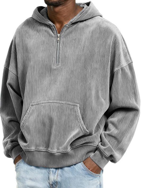 Corduroy Ribbed Stylish Quarter Zip Pullover Sweatshirt with Kangaroo Pocket