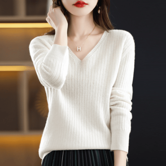 Women's V-Neck Pullover Long Sleeve Solid Color Cashmere Sweater