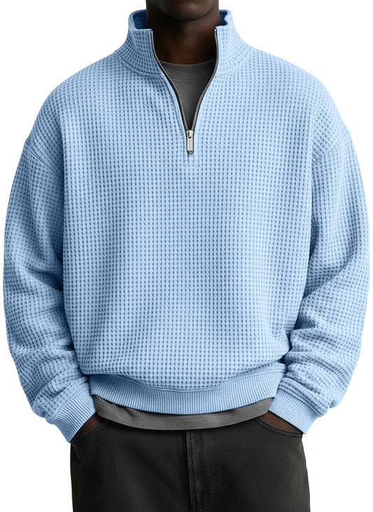 Men's Casual Solid Waffle Fabric Stand Collar Zip Sweatshirt