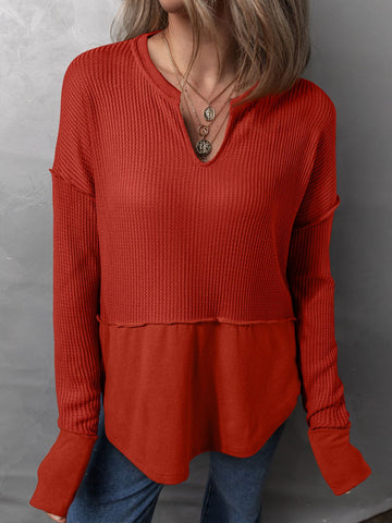 Women's Waffle-Knit Notched Long Sleeve T-Shirt