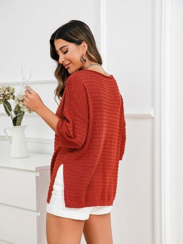 Women's Rolled Round Neck Dropped Shoulder Slit Sweater