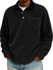 Men's Stylish Corduroy Color-Block Polo Shirt Pullover with Chest Pocket